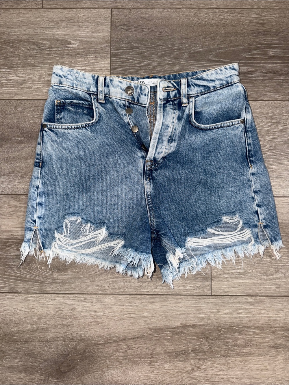ZARA High-Rise Distressed Denim Shorts - Light Blue